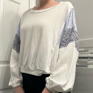 Elegant White and Blue Patchwork Blouse